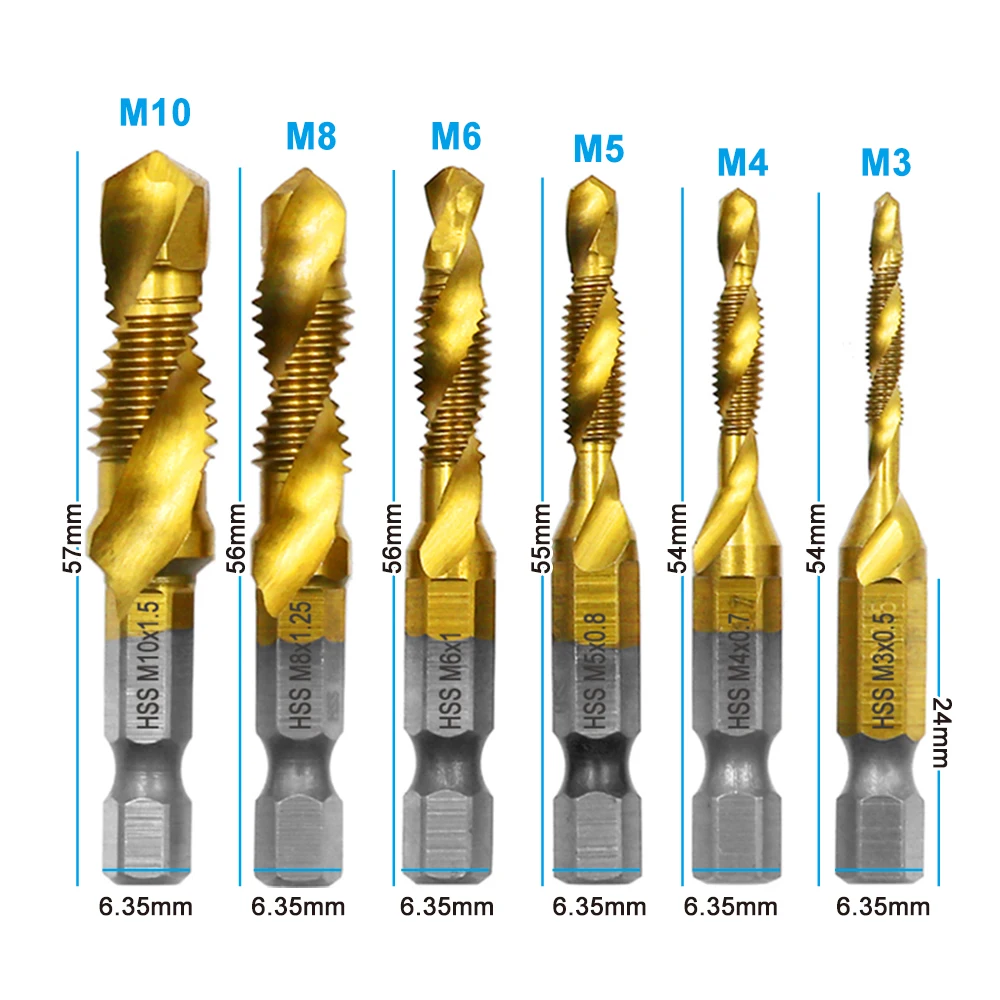 6pc High Speed Steel M3-M10 Titanium Plated Composite Tap Hexagonal Drill and Tap Integrated Tap Machine with Hole Chamfer Tool