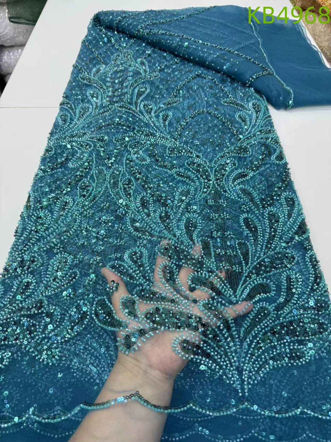 

5 Yards Dubai Lace Fabrics Quality 2024 Aqua Blue Beaded Lace Fabrics Sequins Lace Fabric Nigerian Embroidery For Sewing KB4968