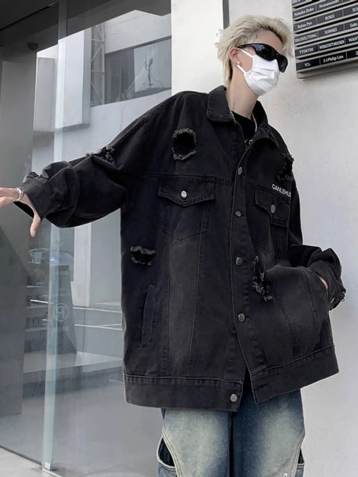 Men's Distressed Denim Jacket Spring Autumn Vintage Loose Streetwear Fashionable Worn in Cool Cargo Coat