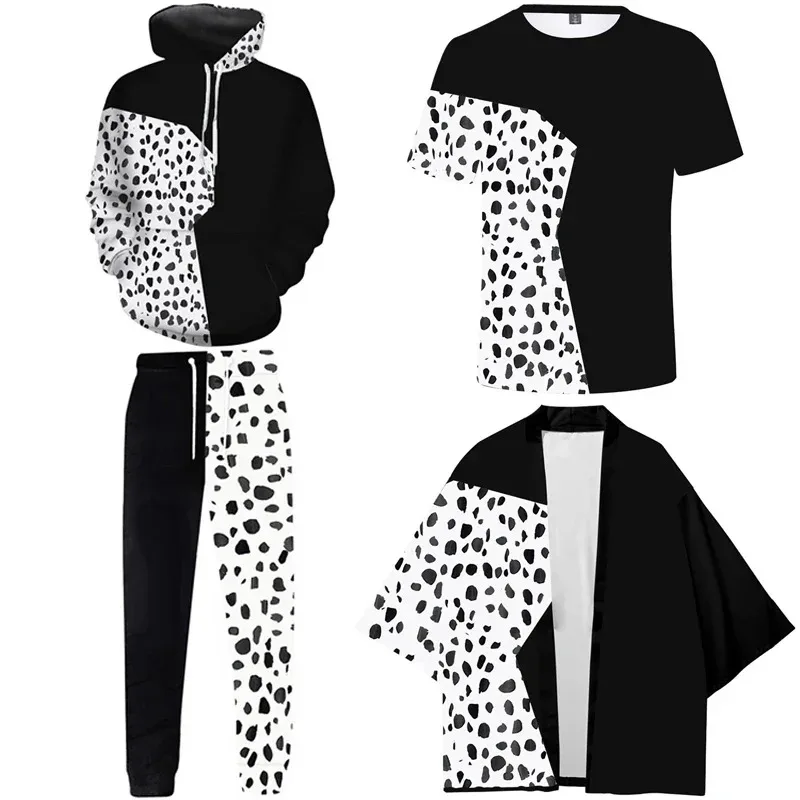 Cosplay 101 dálmatas Cruella De Vil abrigo capa negro blanco estampado Kimono Tops Cruella Cospaly disfraces Casual Sweatshi Anime