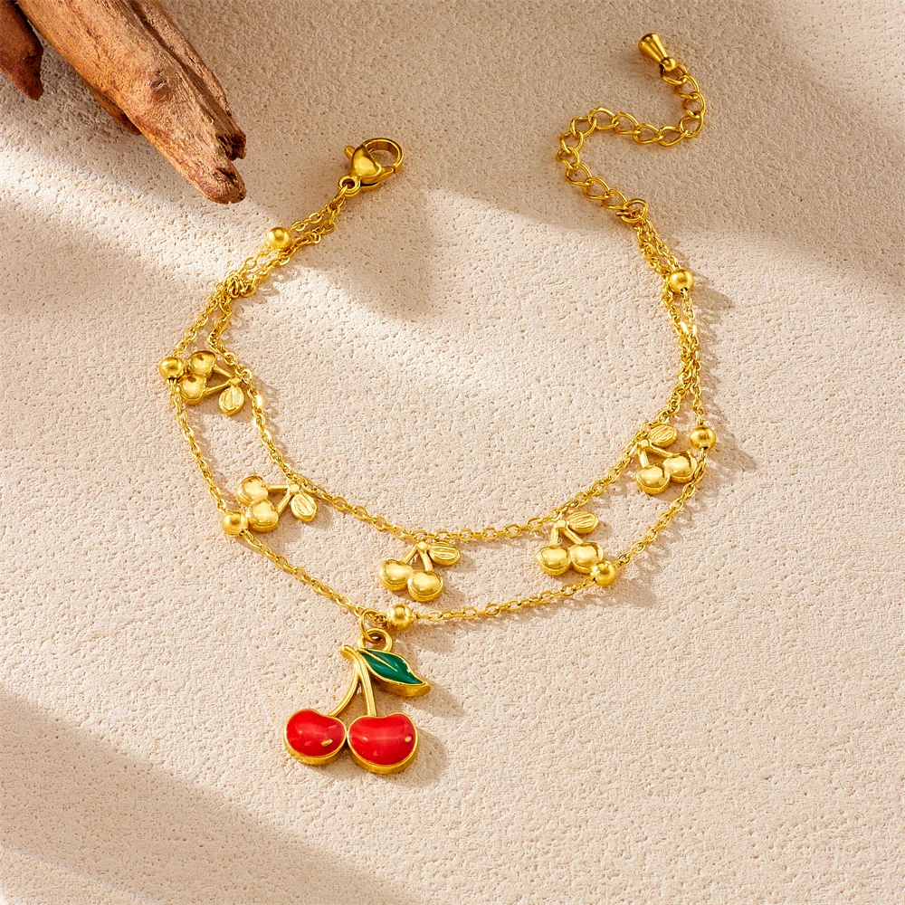 

LAMENGLY 316L Stainless Steel Fun Fresh Cherry Series Double-Layer Pendant Bracelet For Women Noble Elegant Hand Chain Jewelry