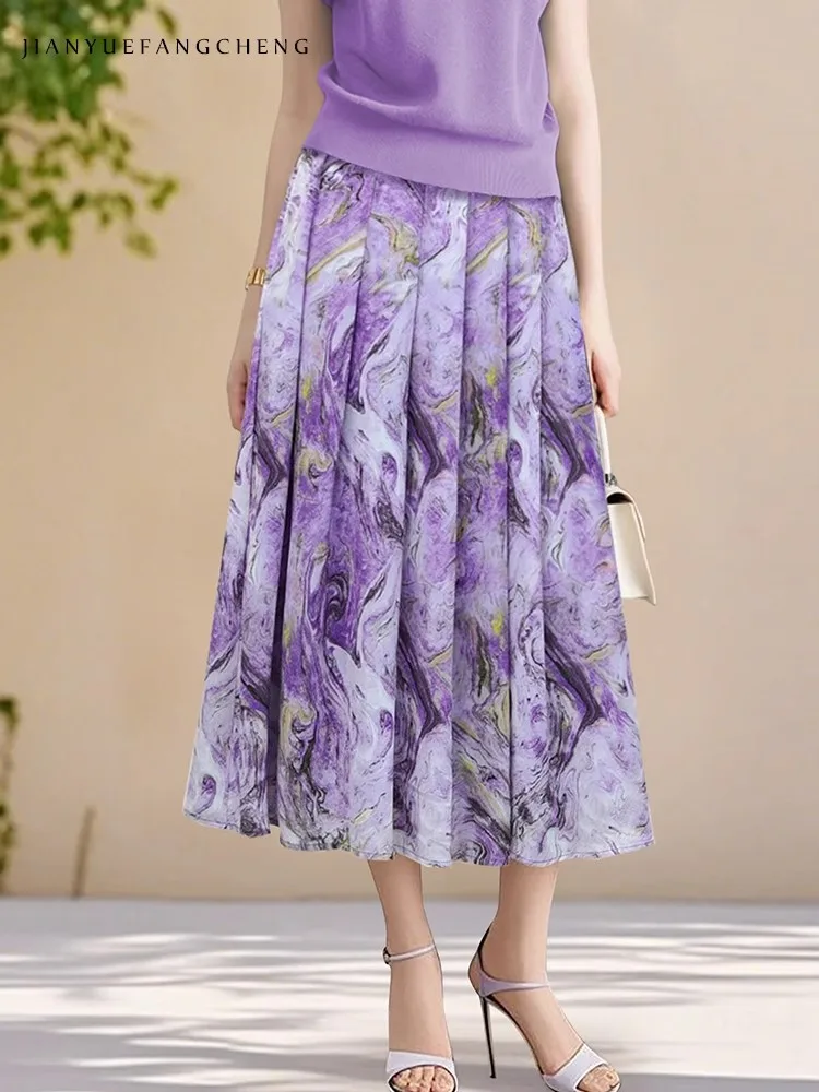 2025 Summer Women's Chiffon Long Skirt - Purple Floral Pleated High Waist A-Line Ankle-Length Casual Elegant Print Skirt