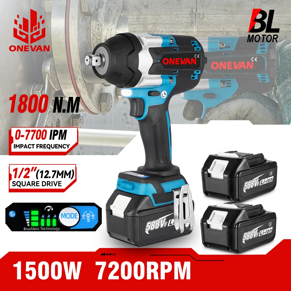 ONEVAN 1800N.M Torque Brushless Electric Impact Wrench For Trucks 1/2 inch Cordless Wrench Power Tool For Makita 18V Battery