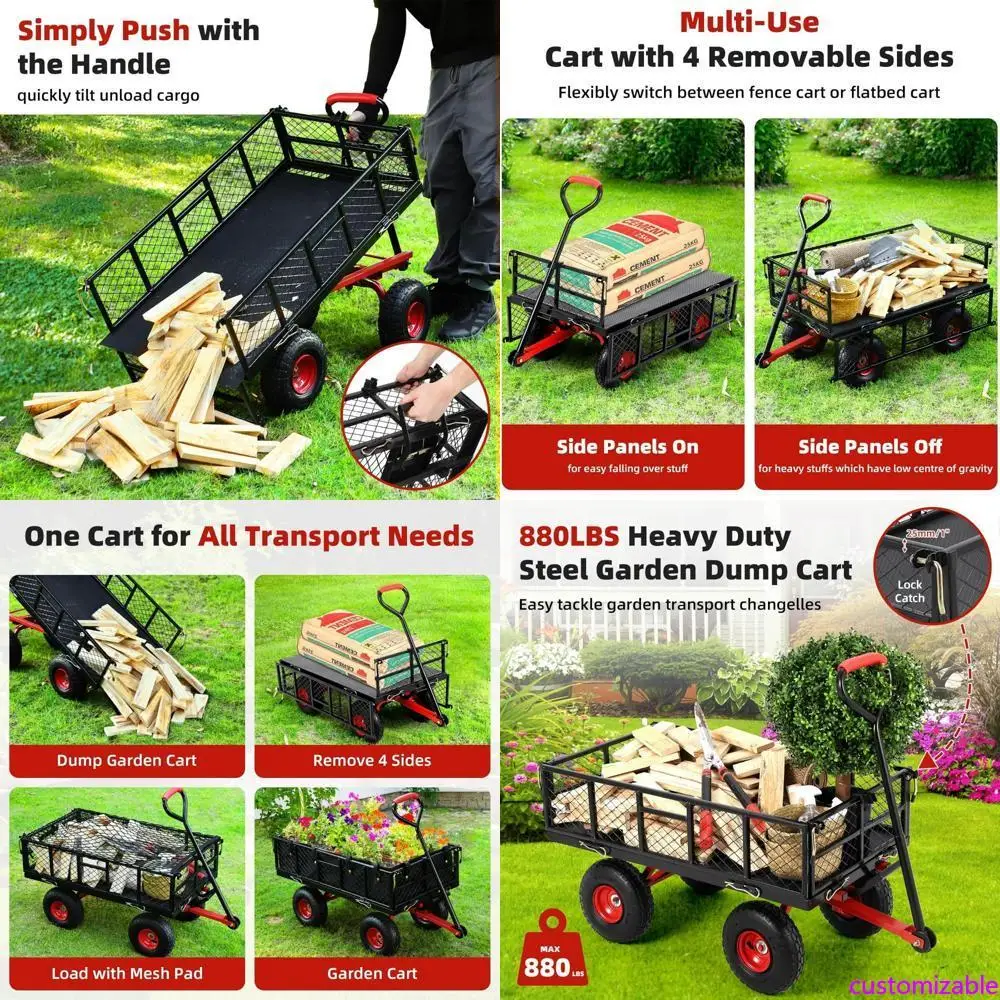 

Heavy-Duty 880-Pound Capacity Steel Garden Wagon with 10-Inch Tires and 180-Degree Rotational Dumping Feature