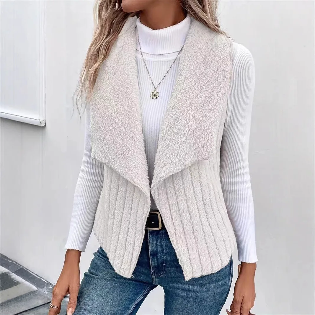 

Casual Simple Solid Color Plush Vest Women Autumn Winter All-match Style Keep Warm Sleeveless Lapel Slim Vests Coat Female 2025
