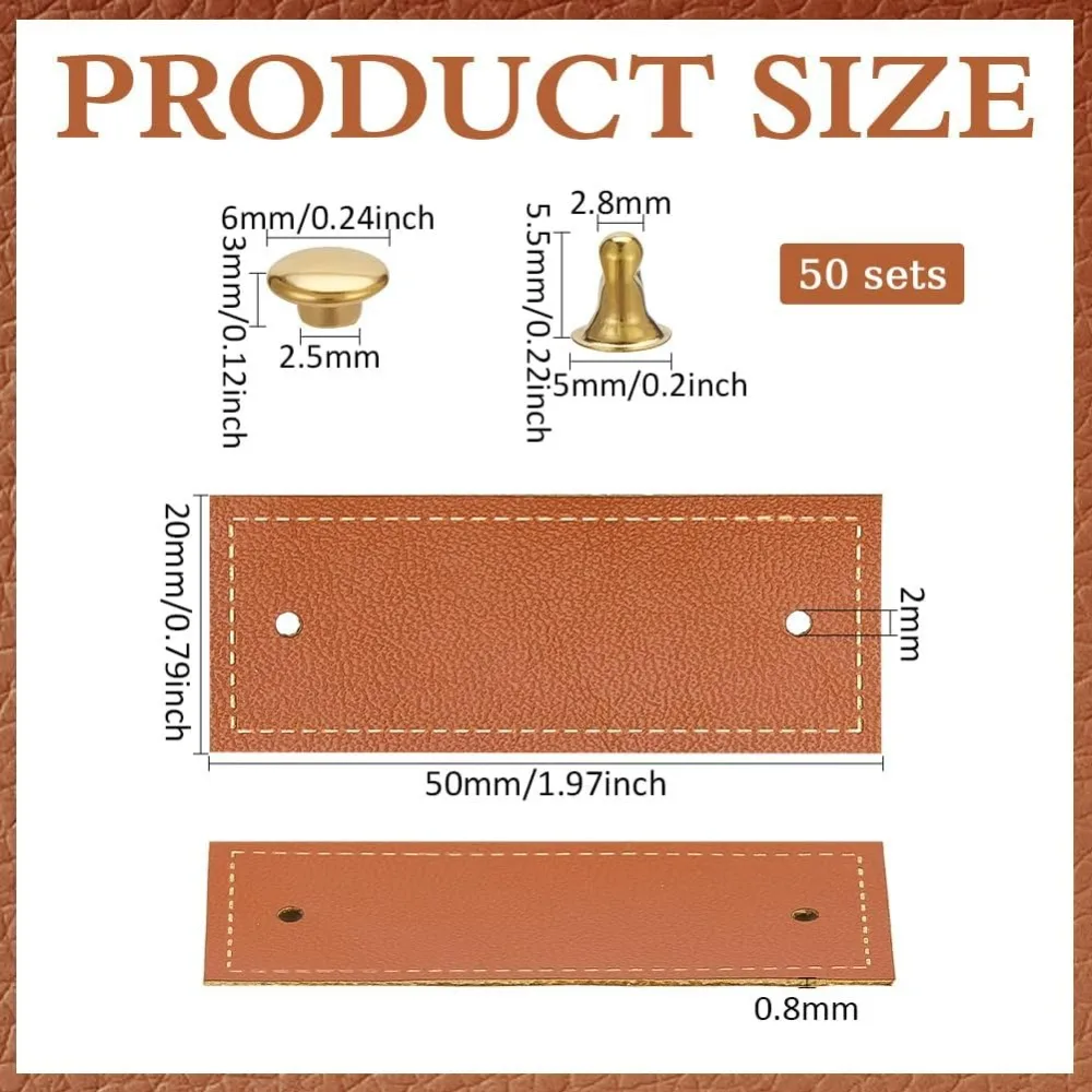50 Sets PU Leather Blank Tags 0.8x2inches Chocolate Color Rectangle Blank Leather Labels with Rivets Handmade Leather making kit