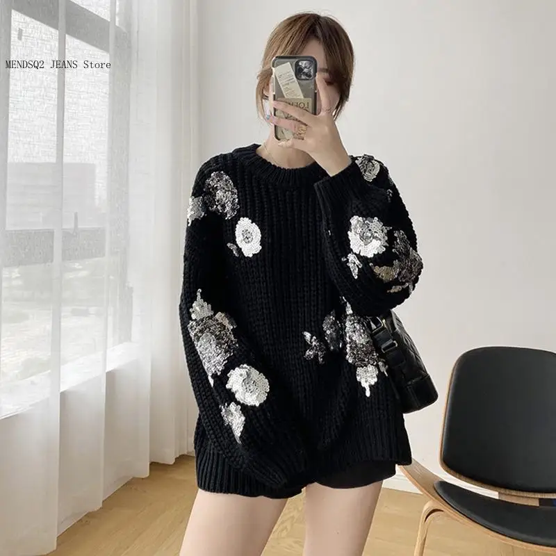 Long Sleeved Warm Winter Black Sequin Women\'s Sweater Knitted Autumn Casual O-Neck