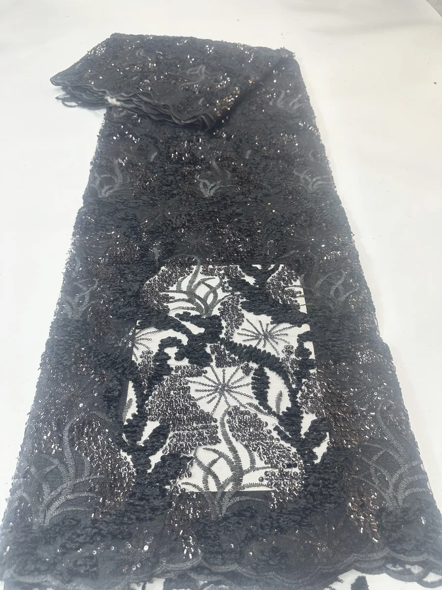 

New Design Black African Lace Fabric With Sequins 2025 High Quality French Nigerian Lace Material For Women Party Dress PYX2508A