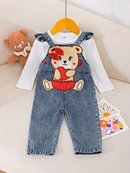 Autumn new cute teddy bear doll printed girls' denim overalls set