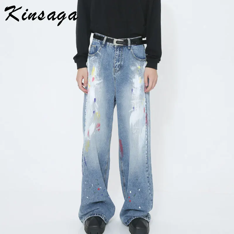 Design Color Painting Wid Leg Slouchy Straight Jean Men and Women Couple's Surplus Relaxed Baggy Light Blue Stock Jeans Trousers