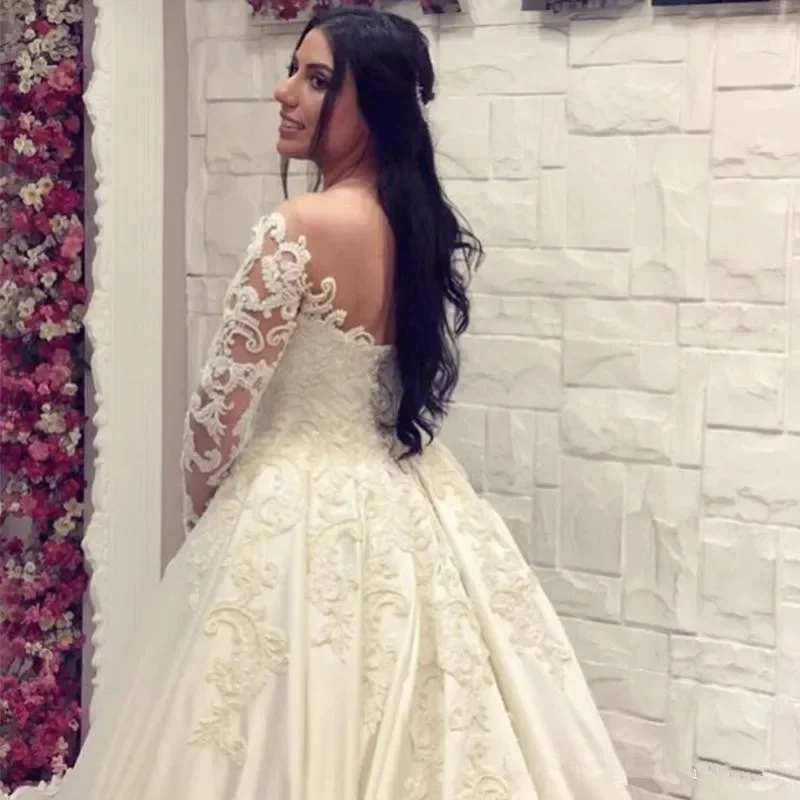 Personalizado colher pescoço árabe muçulmano vestido de casamento mangas completas robe de mariee luxe 2023 apliques a linha vestidos de noiva