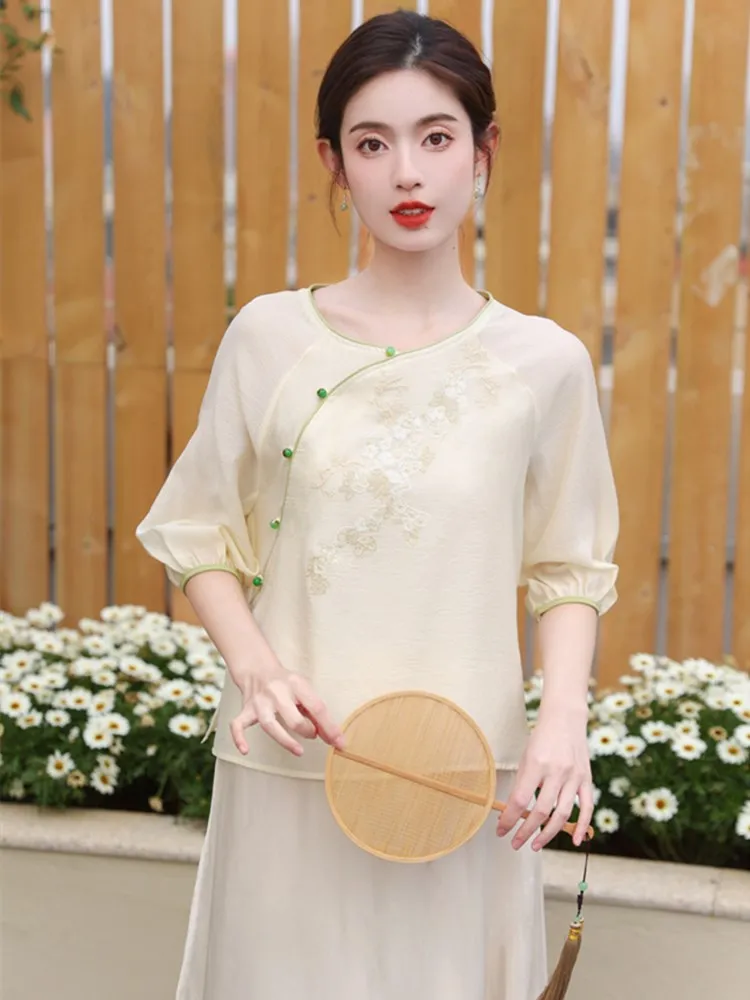 

Retro Embroidered Silk Women's Shirt round Neck Tea Person Uniform Modified Tang Costume Summer New Arrival Loose Fit Commute...