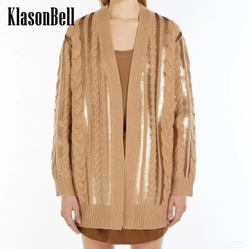 1.12 KlasonBell 100% Cashmere Knitted Cardigan Sequins Embroidery Weave Twist Flower V-Neck Loose Long Coat Women