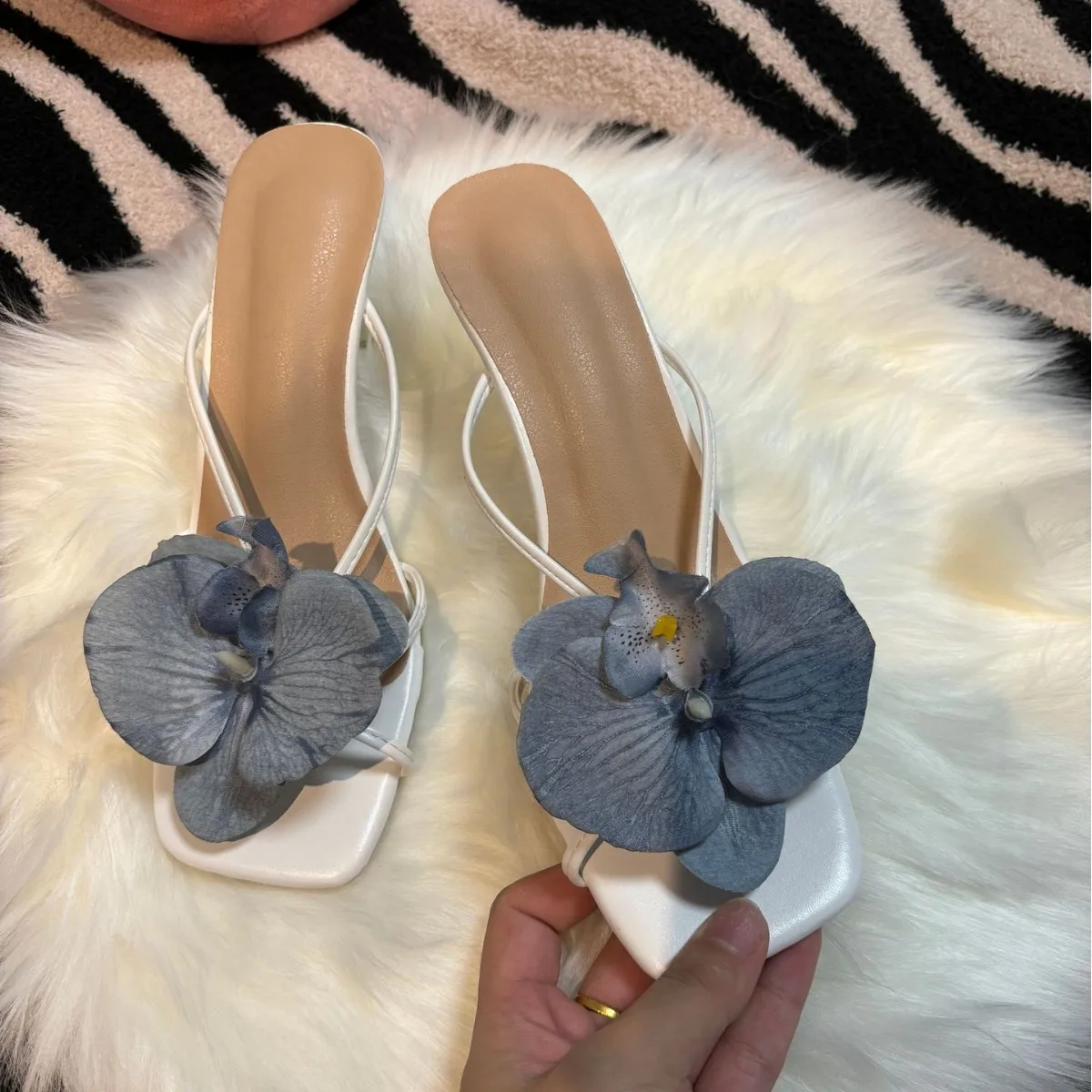 Orchid Flower Summer New High Heeled Women White Pink Blue Purple Floral Heels Square Toe Prom Slipper Slingback Shoes for Women