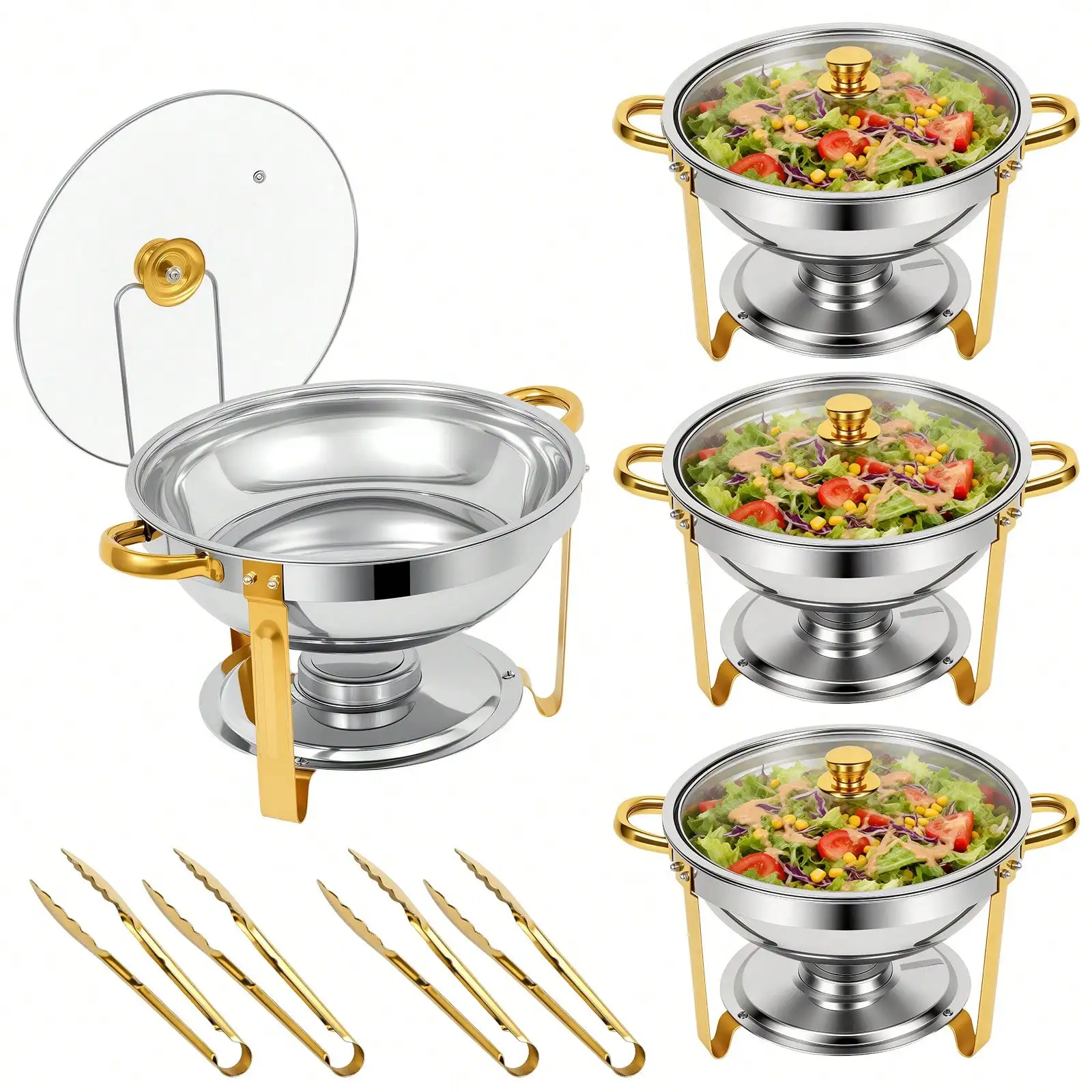 5QT 4 Packs Chafing Dish Buffet Set Gold Accent, Round 316 Stainless Steel Buffet Warmer Chafers And Warmers Sets With Glass Lid & Lid Holder For Valentine's Day Gatherings Catering Events Parties Weddings Dinners