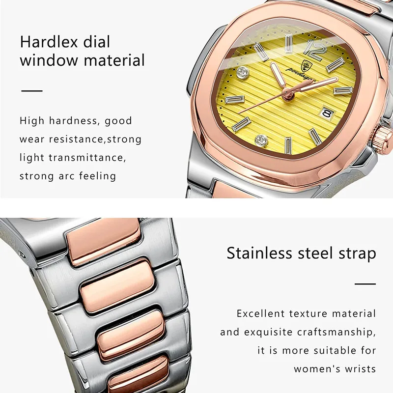 New Square Rose Gold Women Wristwatches Luminous Lxury Stainless Steel Brand Woman Watch 2024 Quartz Clock Calendar Small Dial