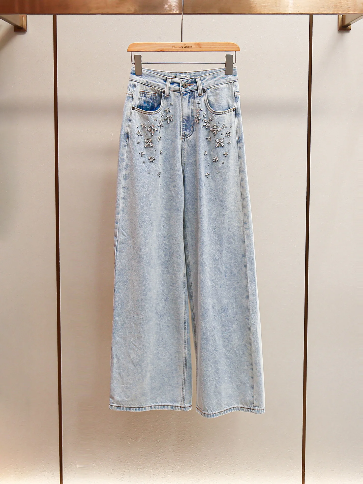 

New Spring Fashionable Casual Versatile Light Blue High-Waisted Wide-Leg Jeans with Rhinestone wide leg pants pants mujer TRAF