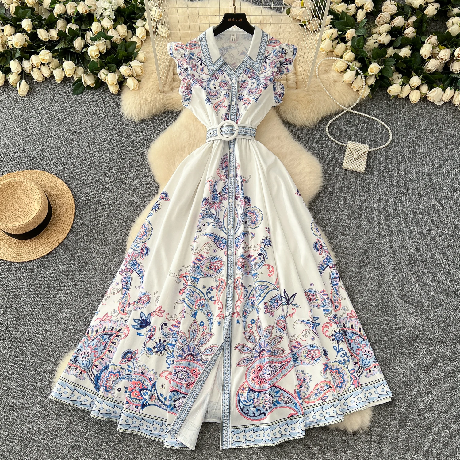 Elegant Print Single Breasted Sashes Vintage Turn-down Collar Collar Flying Sleeves Slim Long Dress Evening High Street Clothing