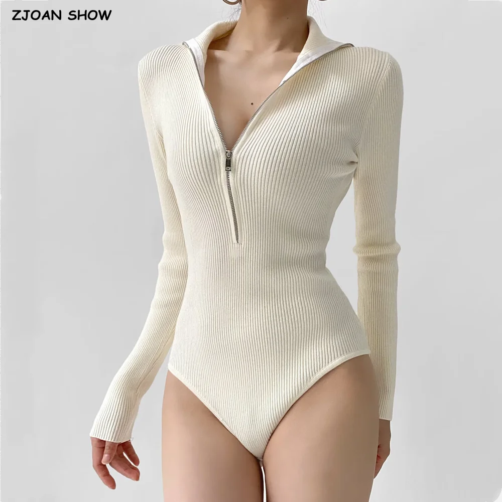 Vintage Zipper Up High Collar Ribbed Knitting Long sleeve Bodysuit Woman Short Jumpsuit Slim Waist Rompers Playsuits beige