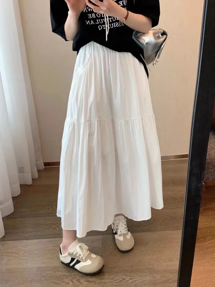 

White Midi Skirt Women Summer plus Size Lazy Sle Maxi Skirt 200 Pou Cake Skirt Korean Sle High Waist A-Line Skirt
