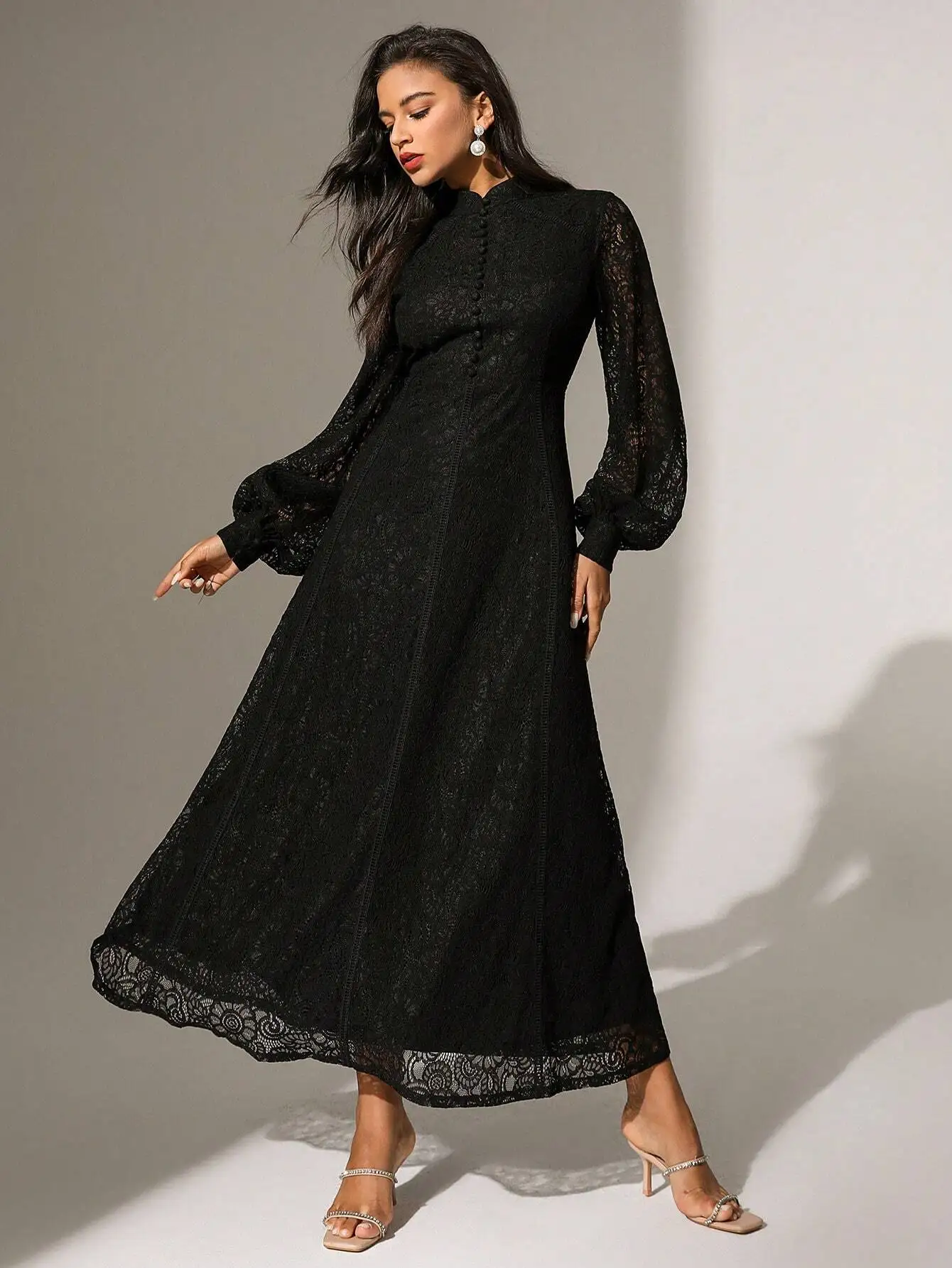 

Black Lace Maxi Dress with Button Front and Lantern Sleeves