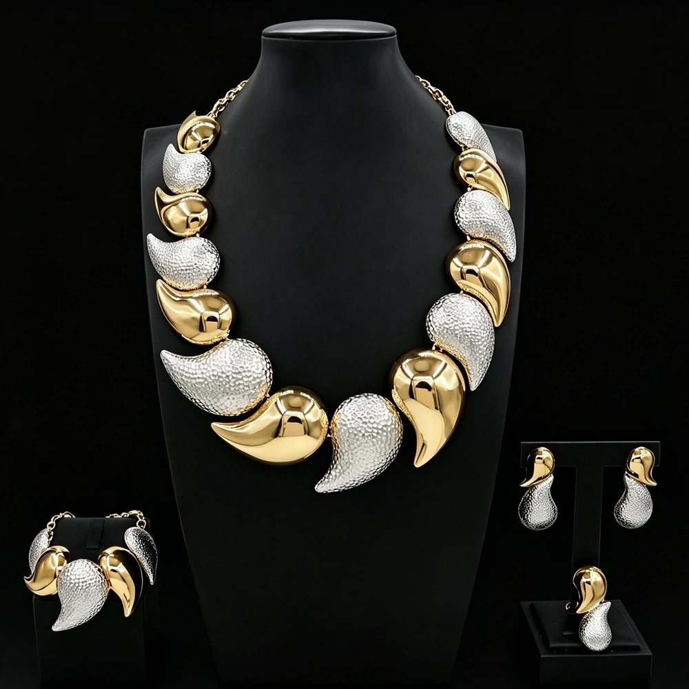 Vintage Hammered Teardrop Two‑Tone Jewelry Set Ladies Choker Necklace Earring Bracelet Ring Brazil Bridal Party Ornaments