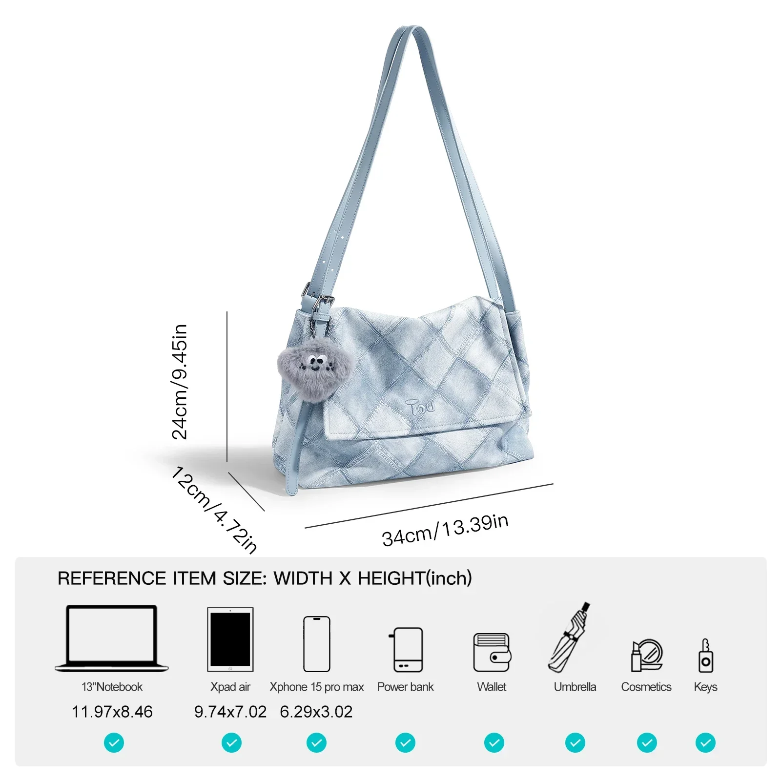 TOUTOU Large Capacity Shoulder Bag Luxury Designer Brand Bag with Cute Charms Denim Washable Tote Bag Fashion PU Leather Female