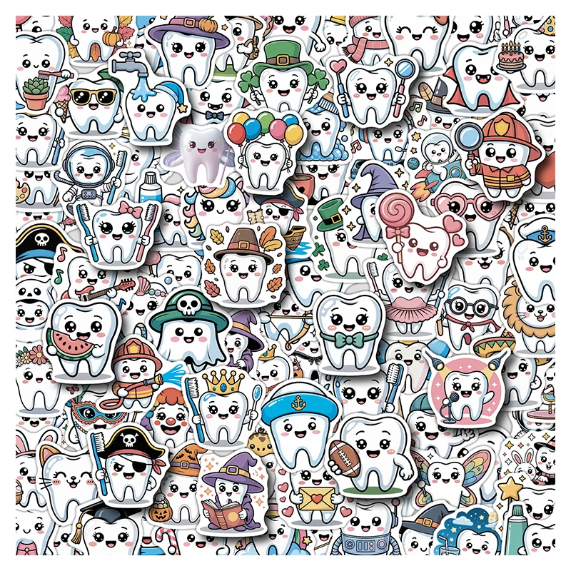 100PCS Tooth Cartoon Stickers Cute Tooth Decals Dentist-Themed Waterproof Vinyl Sticker for Scrapbook Laptop Water Bottle Bumper