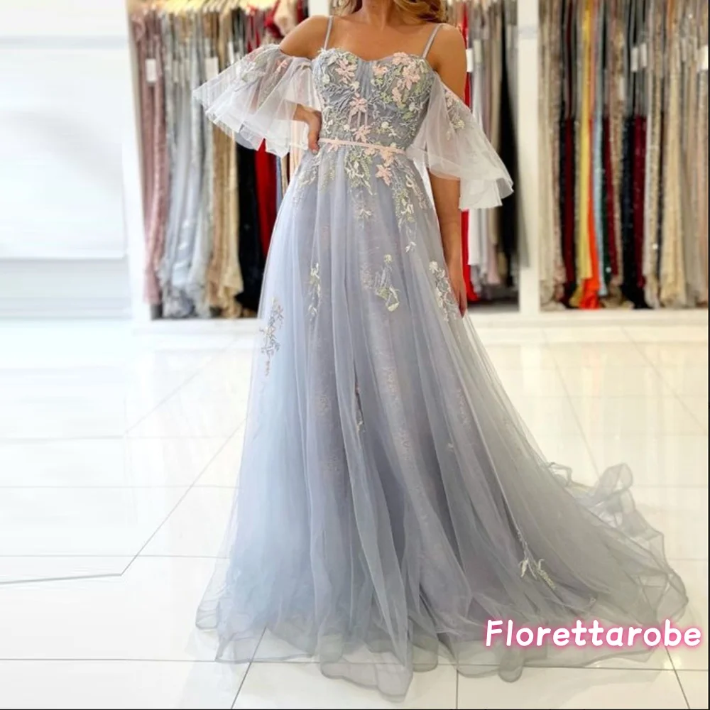 

Florettarobe Lace Applique Tulle Prom Dresses Off Shoulder Puffy Sleeves Long Women Sweetheart A Line Evening Gowns Customized