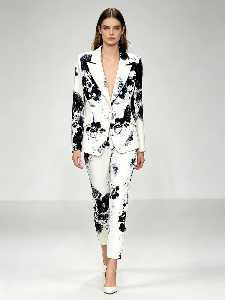 HIGH STREET Newest 2026 Fashion Designer Women's Gorgeous Floral Printed Blazer Suit Jacket Pencil Pants Set 2pcs