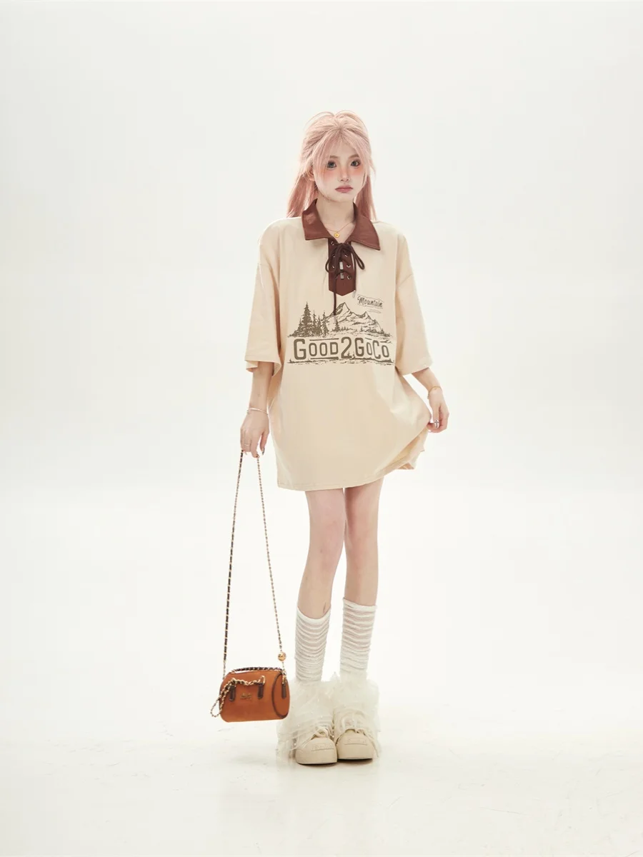 Retro American Color Block Printed Letter  Shirt Women's Casual Loose Collar Short Sleeve T-Shirt Summer New Style