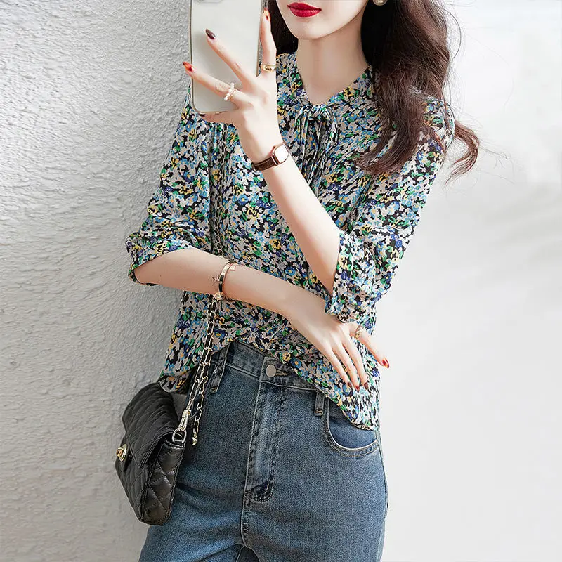 Korean Elegant Floral Button Shirt Women\'s Clothing 2023 Casual Summer Fashion Vintage Lacing Female Half Sleeve Chiffon Blouse