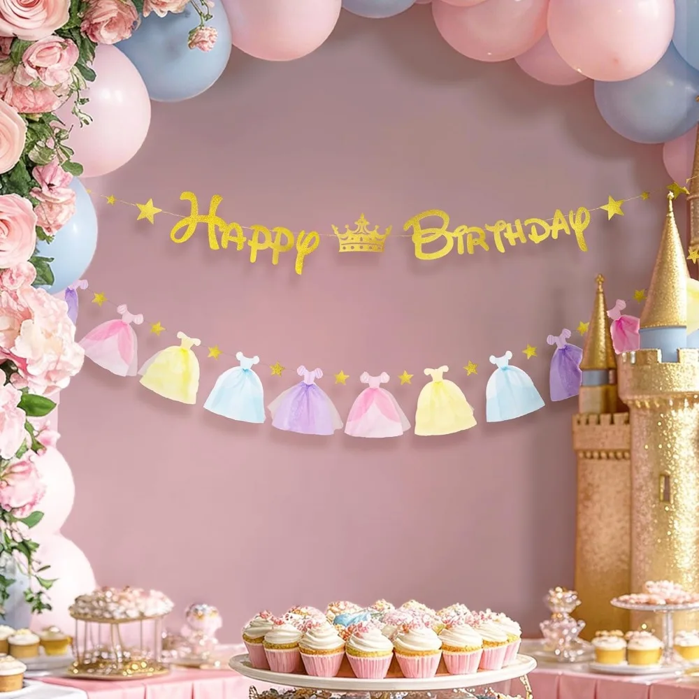 Pastellfarbenes Prinzessinnenkleid Happy Birthday Banner Glitzer Gold Sterne Hängende Papiergirlanden für Mädchen Übernachtungsparty Geburtstagsdekoration – Detail 5