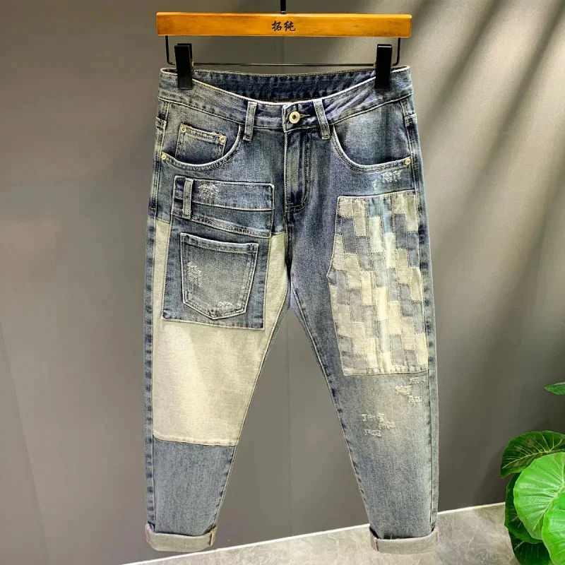 

High end retro 2026 new patchwork motorcycle jeans men's fashion Korean version slim fit small straight leg pants