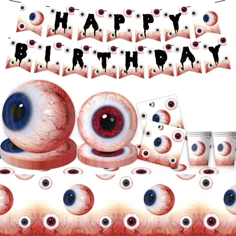 Plates Halloween Disposable Tableware Suit Napkin Tablecloth Eyeballs Disposable Tableware Paper Cup Eyeballs Decorative