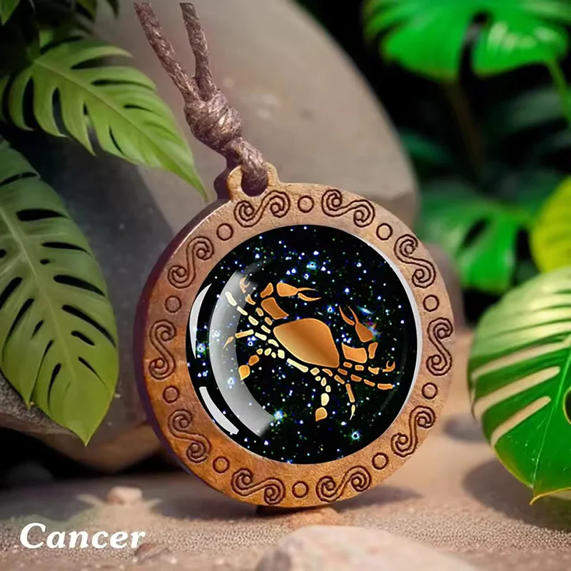 خمر 12 زودياك تسجيل الزجاج قلادة خشبية قابل للتعديل حبل طويل سلسلة قلادة كوكبة المجوهرات