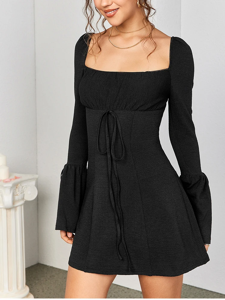 NewAsia Mini abito da donna con scollo quadrato e maniche a campana senza schienale Tie Up R Fashion Casual Party abiti corti autunno nero