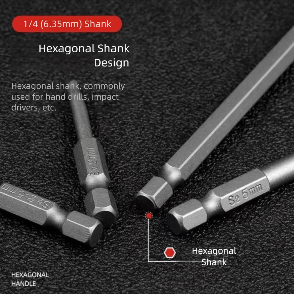 Tool Parts S2 Steel Hex Head Allen Wrench 1.5-12mm 100mm Length Allen Screwdriver Bits 1/4 Inch Screwdriver Bits Electric Drill