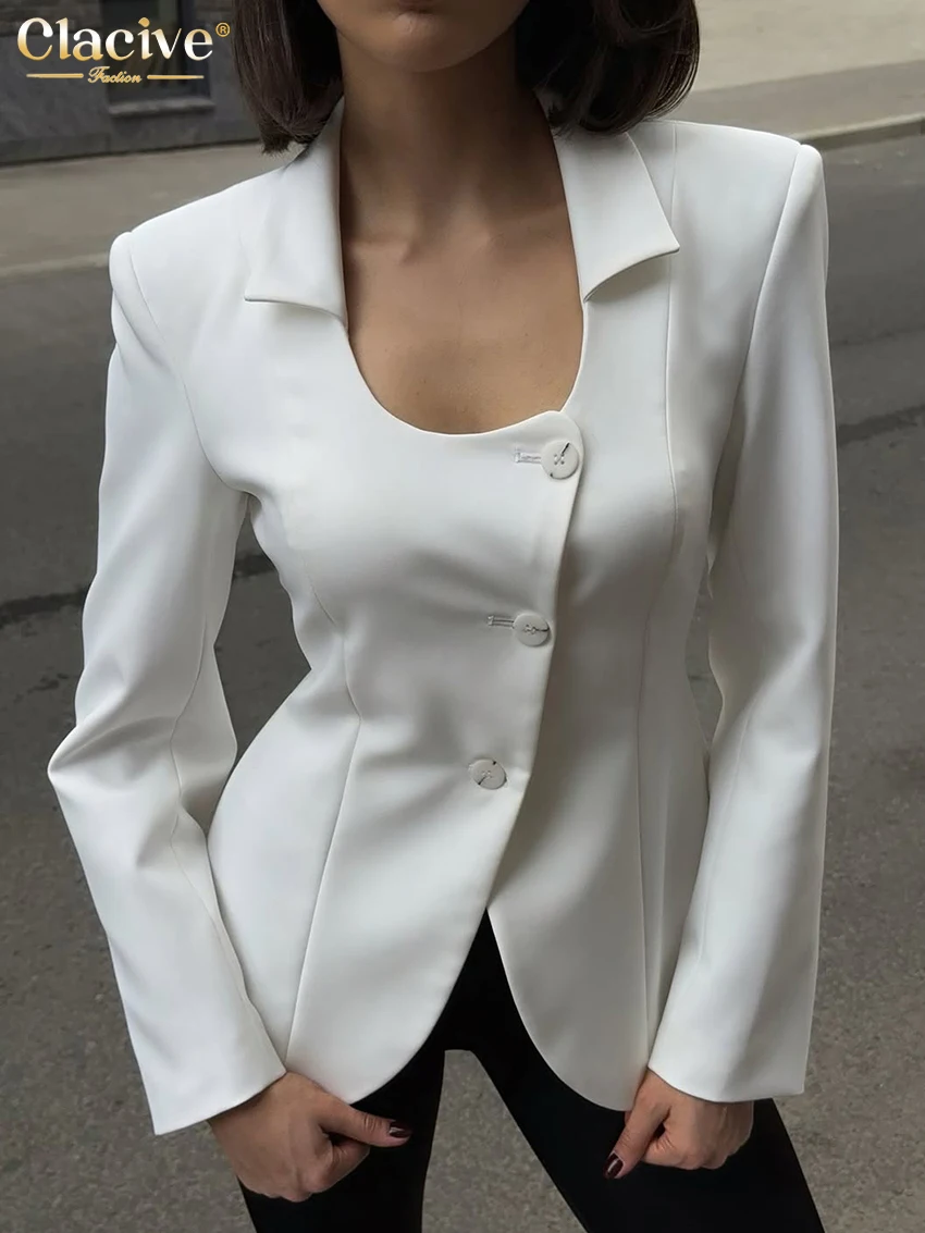 

Clacive Fashion Slim White Office Women's Shirt 2025 Bodycon Lapel Long Sleeve Shirts Elegant Classic Solid Top Female Clothing