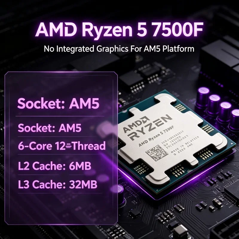 CPU AMD Ryzen 5 7500F 6C12T 5.0GHz 32MB L3 AM5 Processor Kit with B650M DDR5 for Full Gaming Build