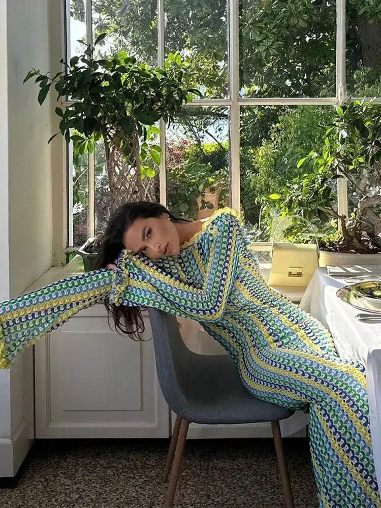 Fdey moda sin espalda vacaciones fiesta batas Vestidos mujeres Chic manga larga verde contraste elegante cuello redondo ceñido al cuerpo Maxi Vestidos