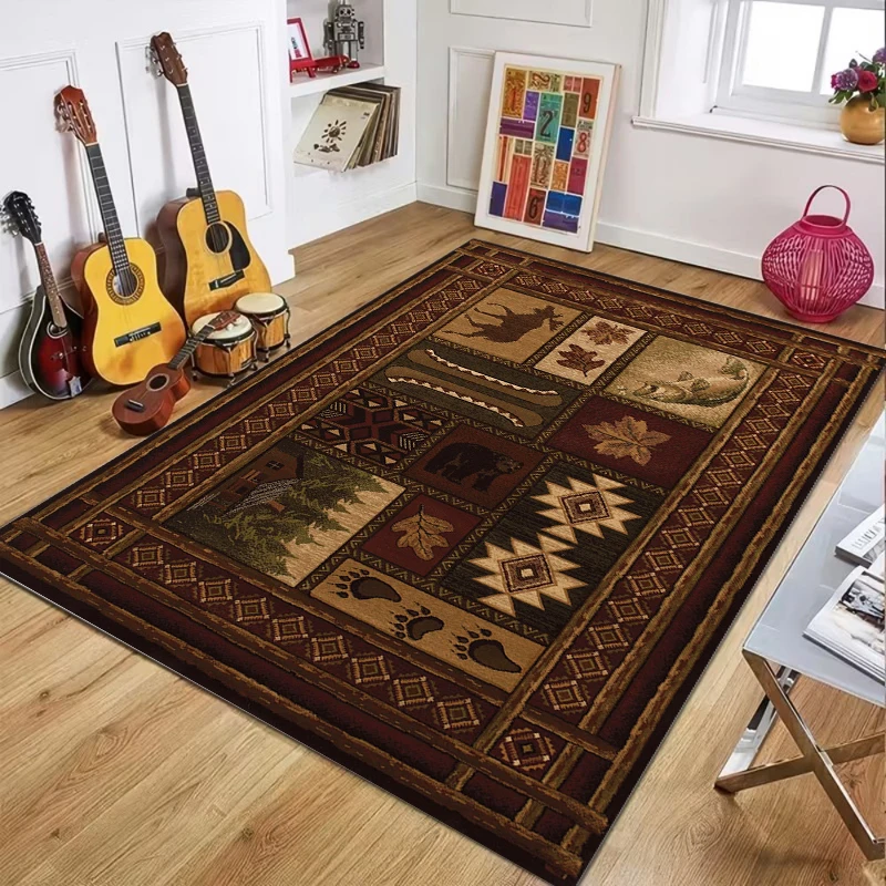 Western Wildlife Area Carpet Floor Retro Hut Bear Deer Claw Local Pattern Living Room Bedroom Home Decoration Mat