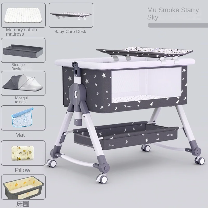 Baby Crib Cradle Splice Queen Bed Newborn Bed Bassinet Baby Shaker Foldable Multi-functional Infant Cradle with Changing Table
