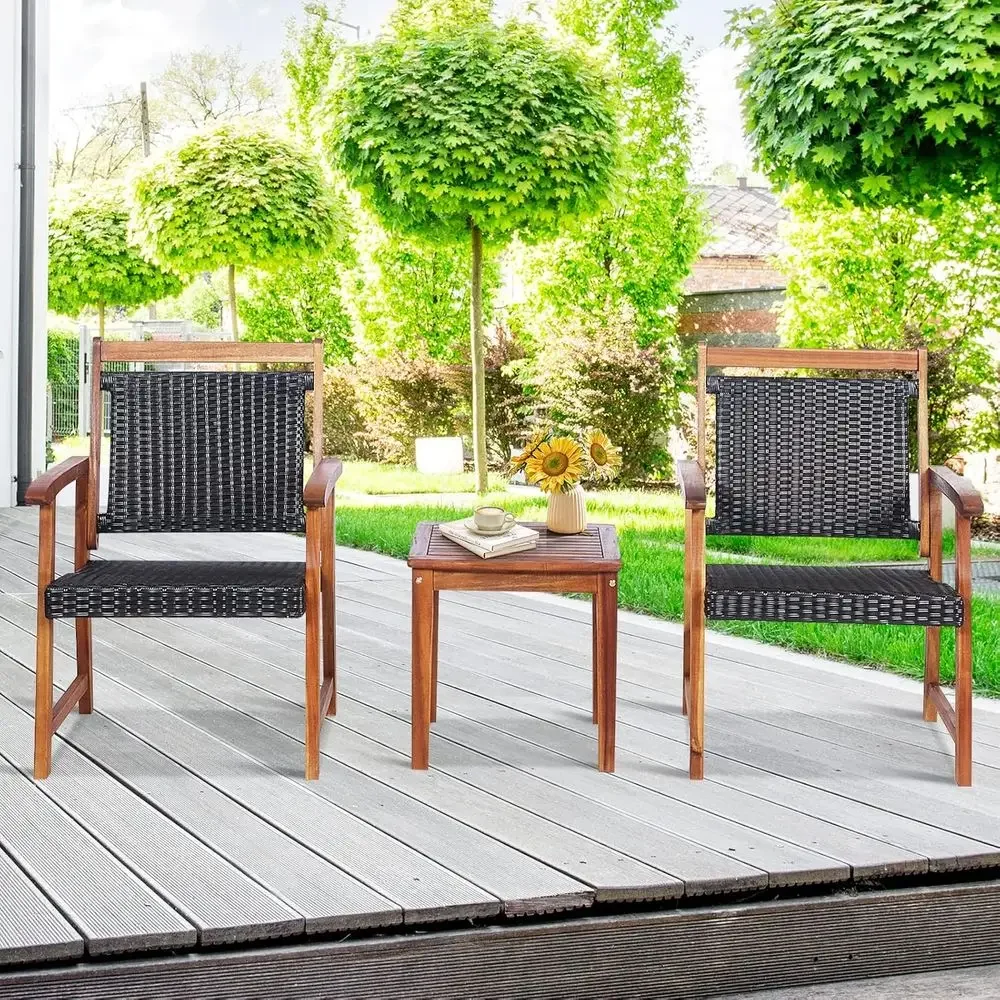 Acacia Wood 3-Piece Bistro Set with 2 Chairs and Side Table for Outdoor Patio, Weather-Resistant Rattan Furniture for Garden, Po