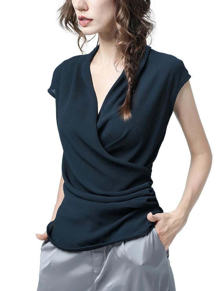 Women\' Wrinkle-free Chiffon Blouse V-neck Short Sleeve Summer Tops Solid Color Casual Office Ladies Sleeveless Shirt