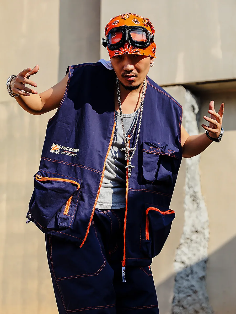 ACUSA Explorer Outdoor Multi-Pocket Vest Men's Loose Fit Summer Fashion Retro Washed Color Block Line Street Style Vest