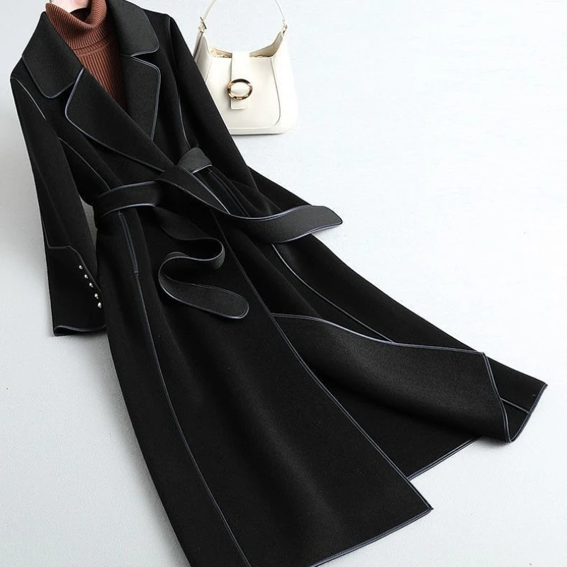 

Fashion Coat Belt Black Woolen Long Coat For Women Oversize Loose Lapel Overcoat Autumn Lady High Street Outerwear