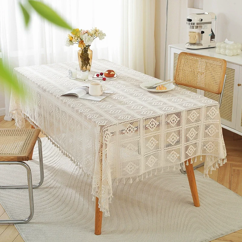 Idyllic Hand Crocheted Tablecloth Cotton Woven Hollowed Out Tablecloth Background Cloth for Shooting Props Grid