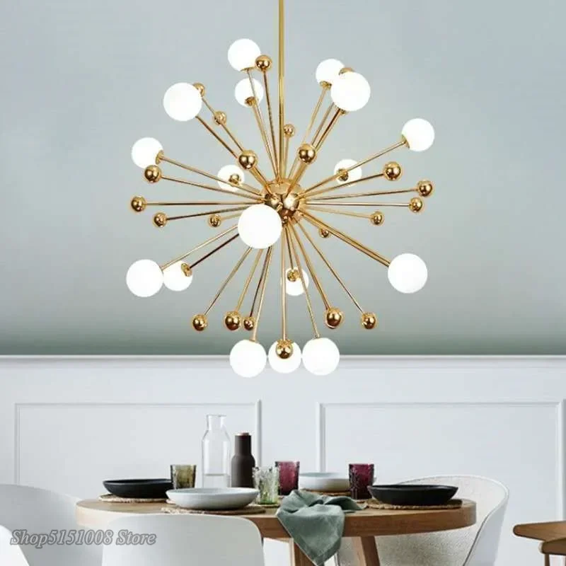

Modern Sputnik Glass Ball LED Chandelier Gold Wrought Iron Pendant Lights Bedroom Restaurant Living Room Kitchen Hanging Lamps
