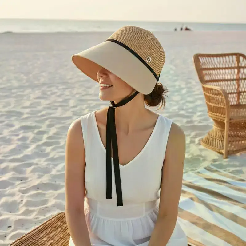 Foldable Wide Brim Sun Hat for Women – UV Face Covering Bucket Hat, Summer Travel Sunshade Straw Look Hat